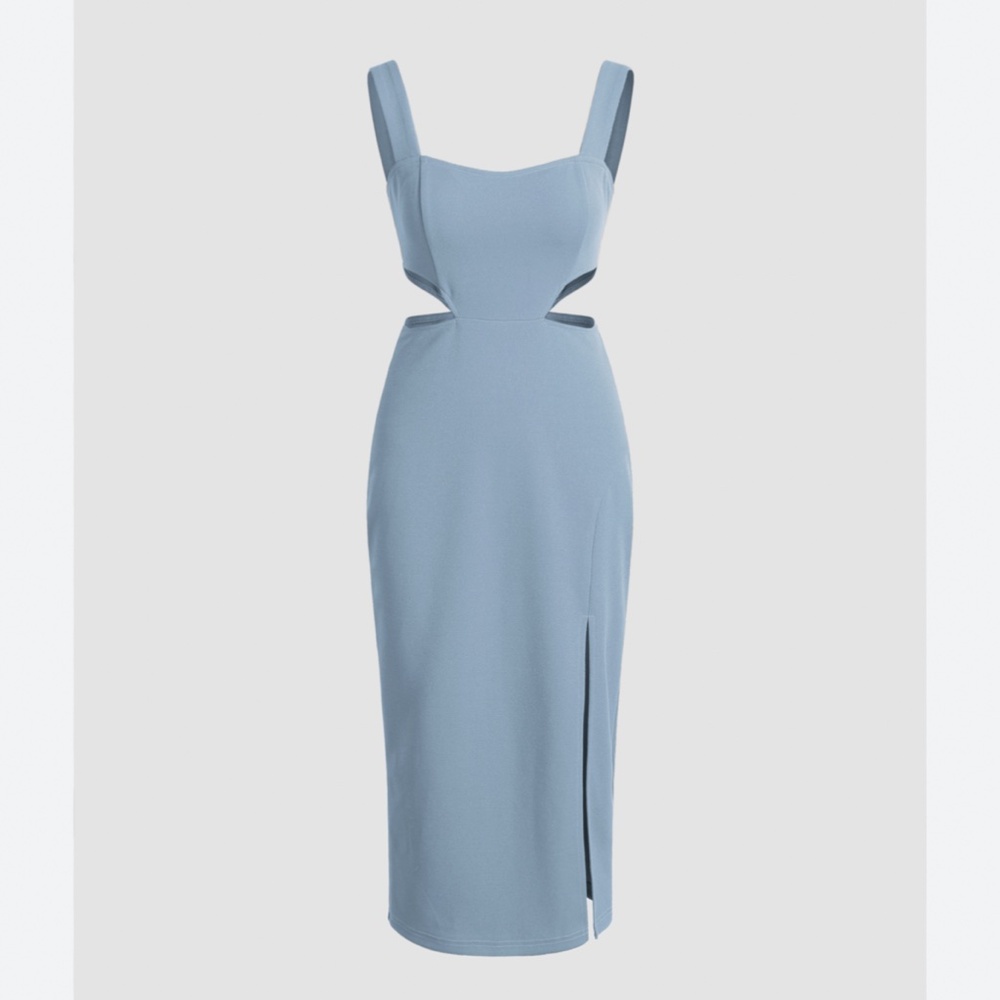 Size 2X Powder Blue Cut Out Mid-Calf Length Curve Dress with Slit